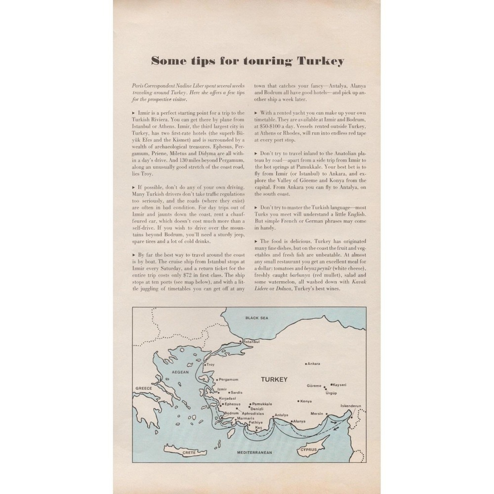 Turkey Travel Guide European Tourism Ephemera Map Vintage Magazine Page 1970